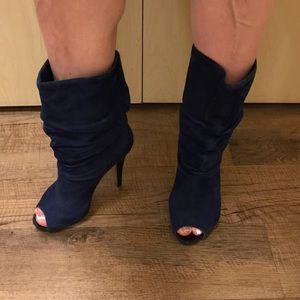 Blue suede slouchy peep toe stiletto booties